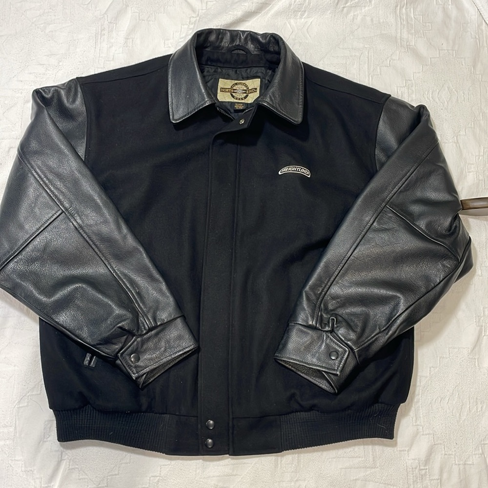 Vtg Black Wool & Leather Quilted Insulated Bomber Freightliner Coat Jacket  XL